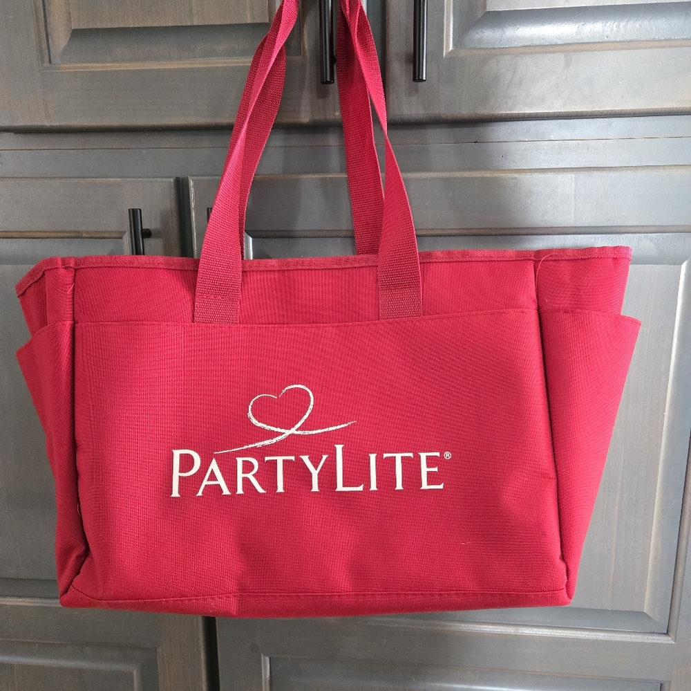 PartyLite Red Tote Bag and Partylite Bronze water bottle